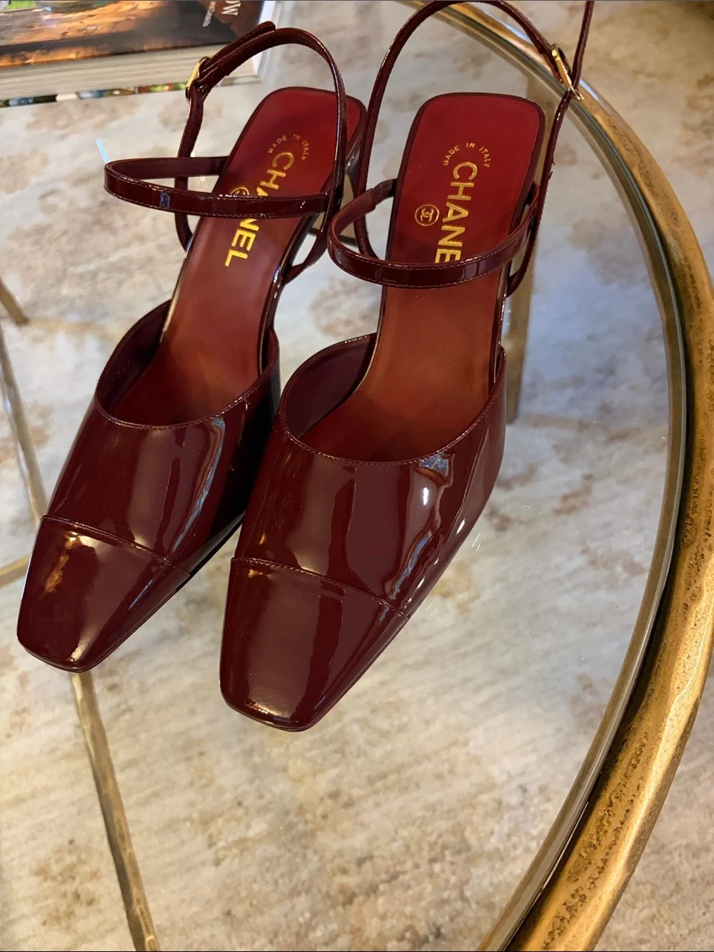 CHANEL Burgundy Patent Leather Square-Toe Slingback Mules. Brand New. Size 8.5